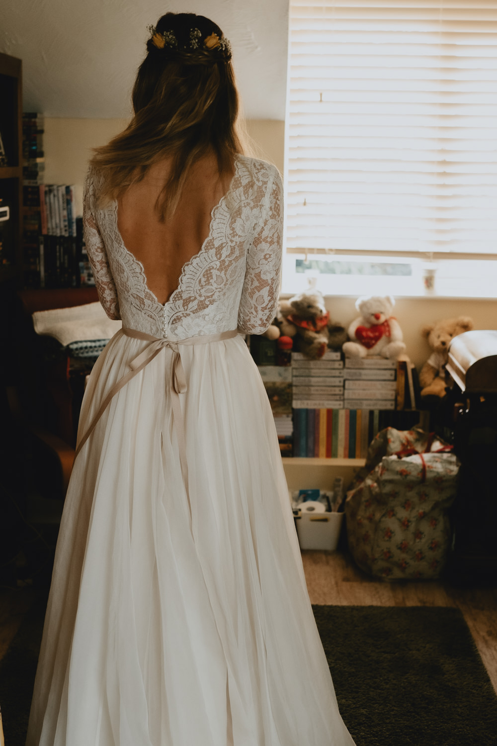 Bride Bridal V Back Dress Ribbon Belt Lace Gown Dress Woodland Tipi Wedding Caroline Goosey Photography