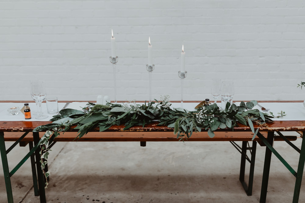 Reception Venue Industrial Warehouse Benches Long Tables Flowers Decor Decoration Runners Greenery Candles 92 Burton Road Wedding Stevie Jay Photography