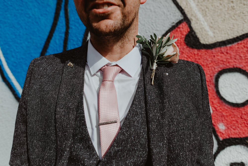 Groom Suit Groomsmen Grey Pink Tie Buttonhole Rose 92 Burton Road Wedding Stevie Jay Photography