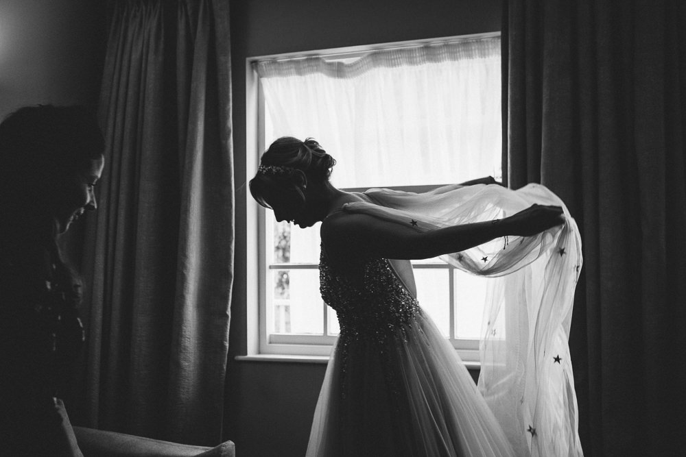 Dress Gown Bride Bridal Star Veil Glitter Tulle Princess Cape Alderford Lake Wedding Amy B Photography