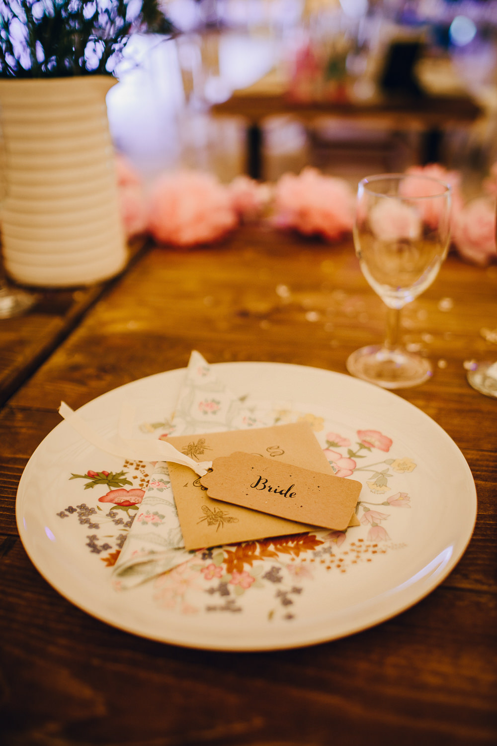 Place Setting Decor Luggage Tag Place Name Vintage Floral Napkin Alderford Lake Wedding Amy B Photography