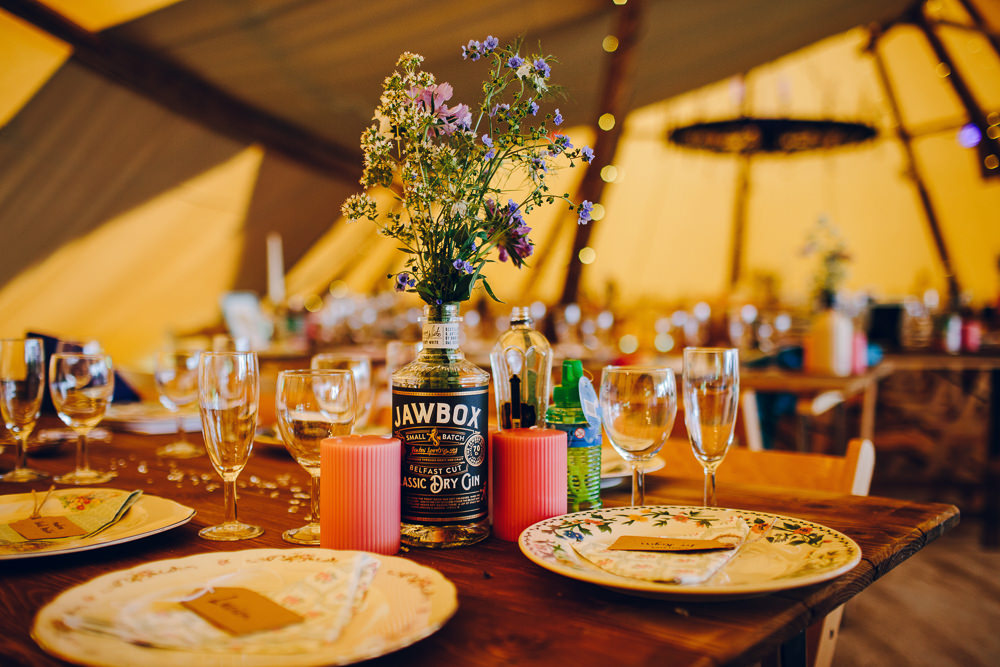 Bottle Flowers Centrepice Decor Tipi Alderford Lake Wedding Amy B Photography