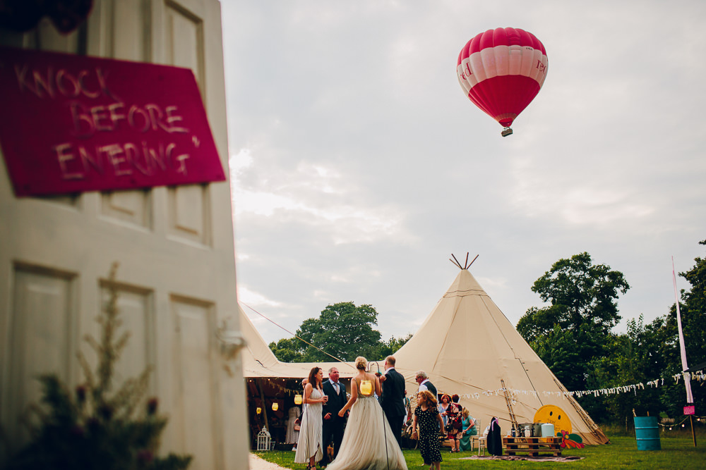 Entrance Doorway Arch Doors Sign Signage Signs Backdrop Hot Air Balloon Tipi Alderford Lake Wedding Amy B Photography