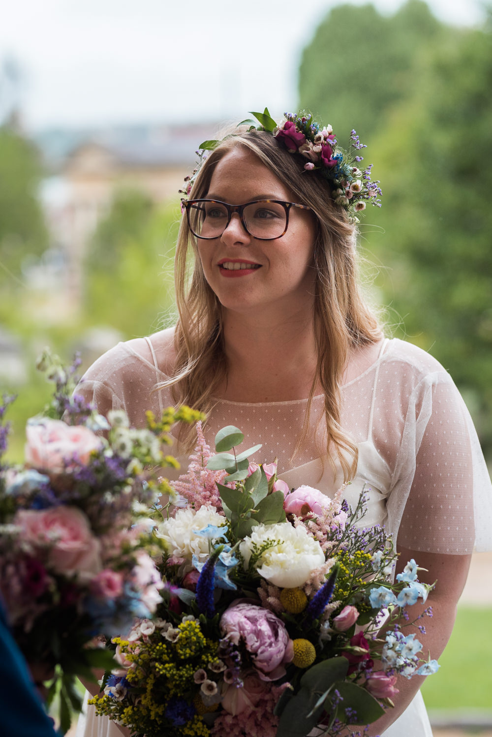 Bouquet Flowers Bride Bridal Peony Rose Wax Flower Eucalyptus Veronica Lisianthus Cornflowers Nigella Craspedia Delphiniums Scabious Daisies Arnos Vale Cemetery Wedding Rob Smith Photographer