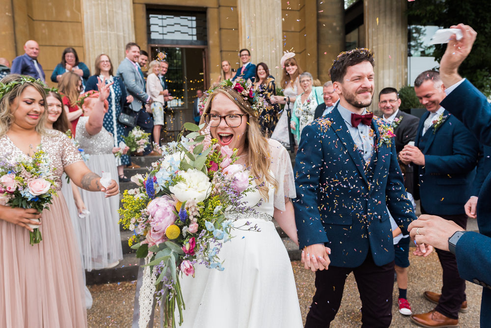 Bouquet Flowers Bride Bridal Peony Rose Wax Flower Eucalyptus Veronica Lisianthus Cornflowers Nigella Craspedia Delphiniums Scabious Daisies Confetti Throw Arnos Vale Cemetery Wedding Rob Smith Photographer