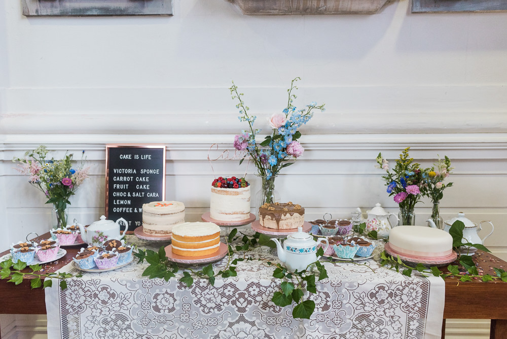 Cake Table Dessert Bar Pretty Flowers Lace Arnos Vale Cemetery Wedding Rob Smith Photographer