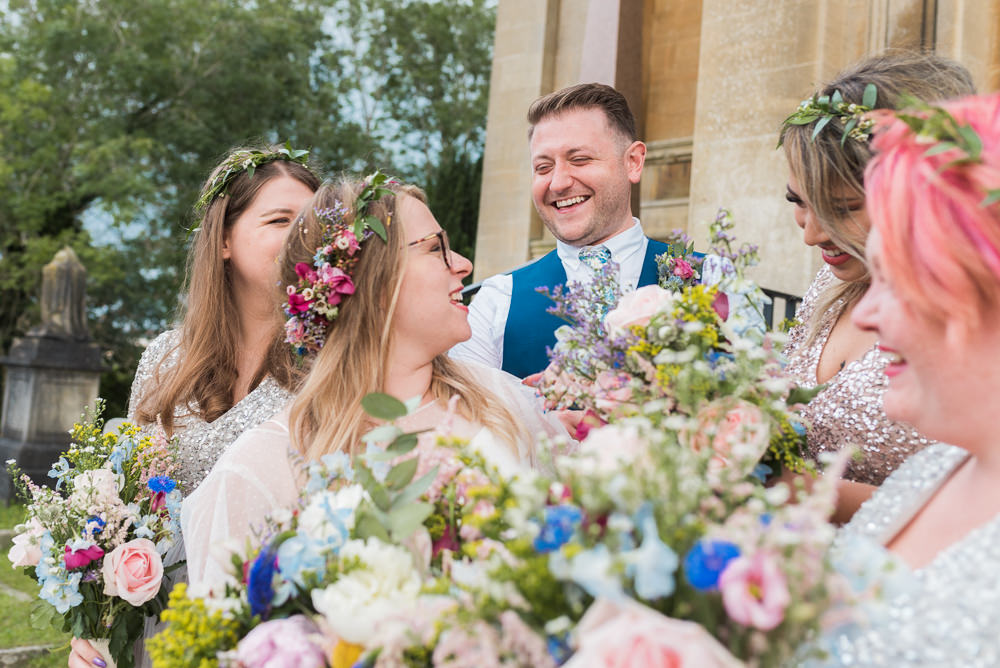 Bouquet Flowers Bride Bridal Peony Rose Wax Flower Eucalyptus Veronica Lisianthus Cornflowers Nigella Craspedia Delphiniums Scabious Daisies Arnos Vale Cemetery Wedding Rob Smith Photographer