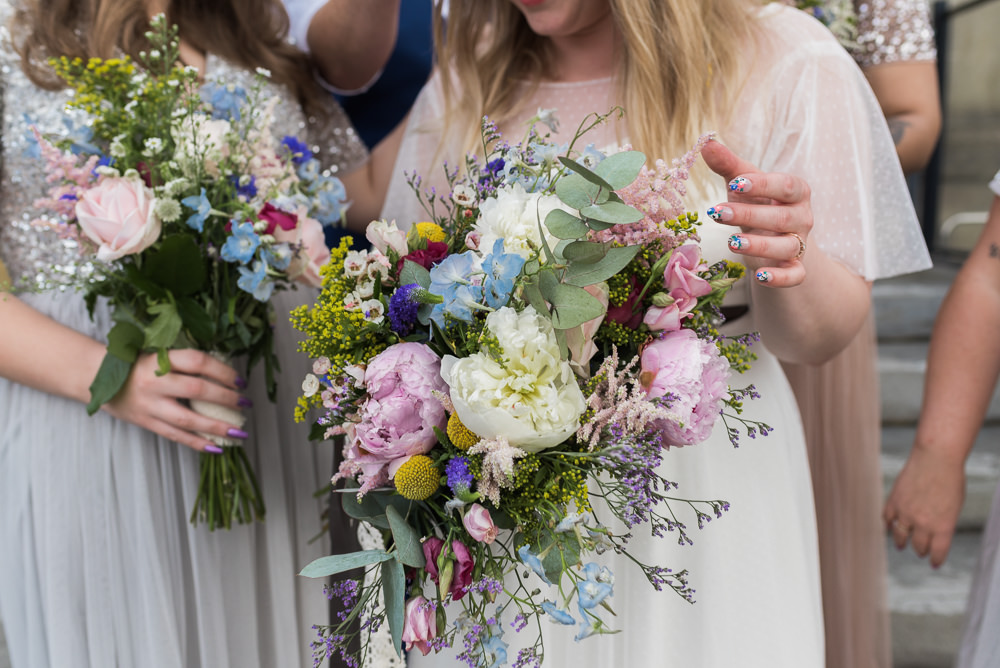 Bouquet Flowers Bride Bridal Peony Rose Wax Flower Eucalyptus Veronica Lisianthus Cornflowers Nigella Craspedia Delphiniums Scabious Daisies Arnos Vale Cemetery Wedding Rob Smith Photographer