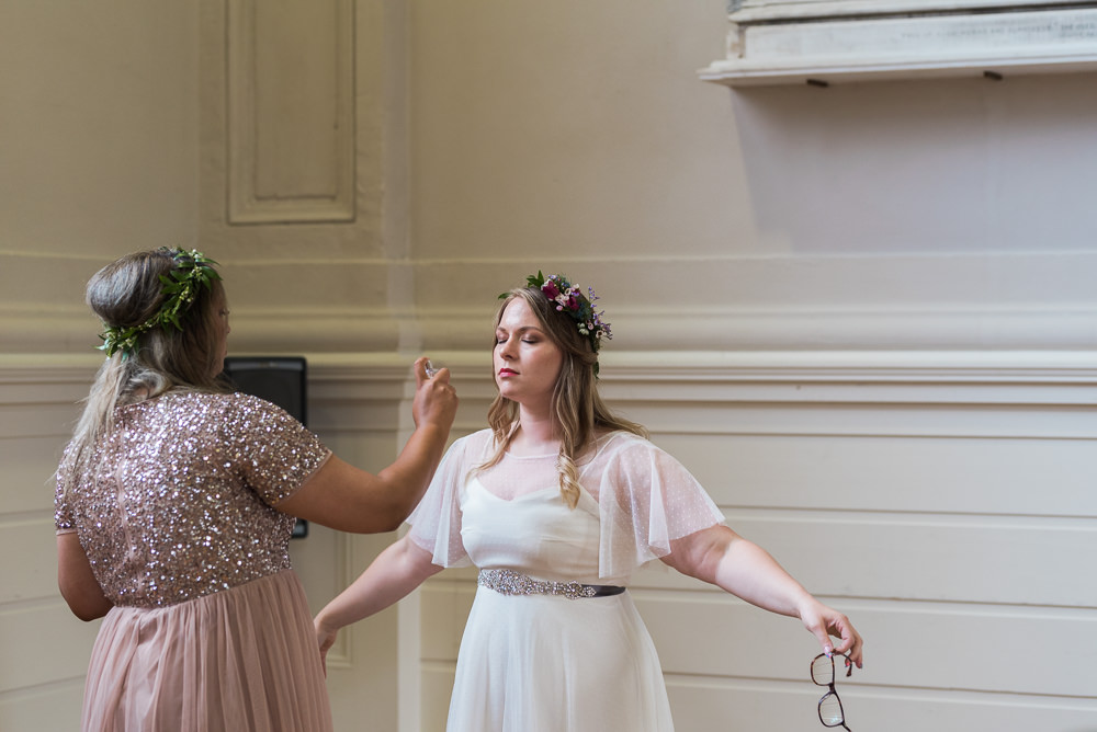 Bride Dress Gown Polka Dot Lace Floaty Sleeves Belt Arnos Vale Cemetery Wedding Rob Smith Photographer