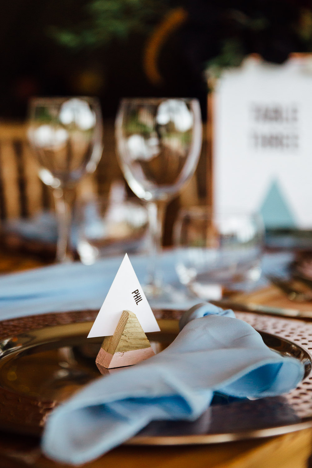 Triangle Place Name Cards Autumn Festival Wedding Ideas Indigo and Violet Photography