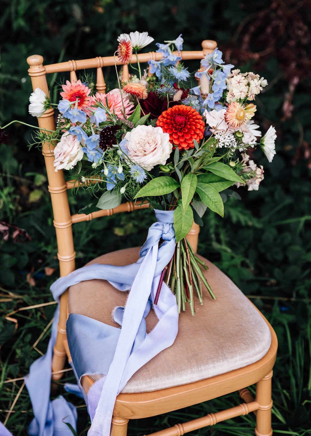Bouquet Flowers Bride Bridal Dahlias Blue Ribbon Delphiniums Autumn Festival Wedding Ideas Indigo and Violet Photography
