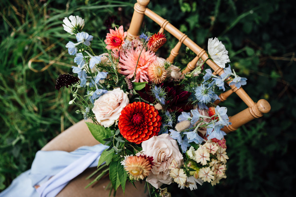 Bouquet Flowers Bride Bridal Dahlias Blue Ribbon Delphiniums Autumn Festival Wedding Ideas Indigo and Violet Photography
