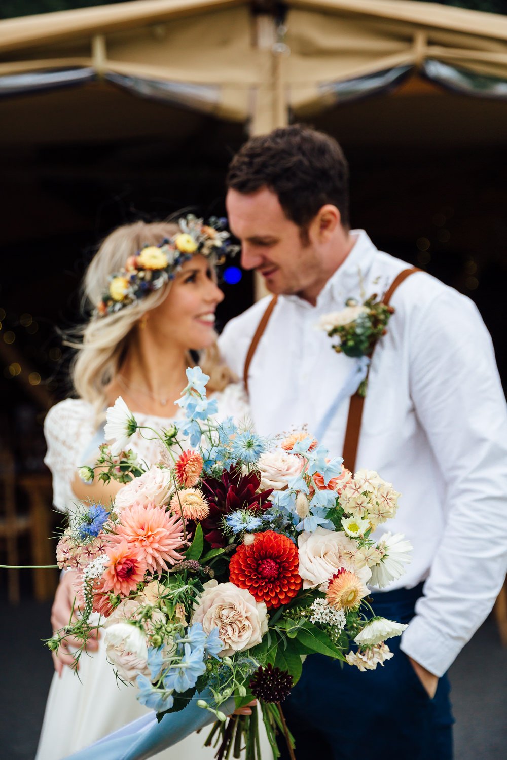 Bouquet Flowers Bride Bridal Dahlias Blue Ribbon Delphiniums Autumn Festival Wedding Ideas Indigo and Violet Photography