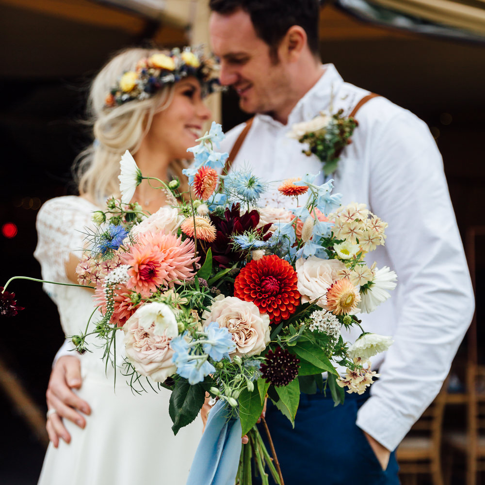 Bouquet Flowers Bride Bridal Dahlias Blue Ribbon Delphiniums Autumn Festival Wedding Ideas Indigo and Violet Photography