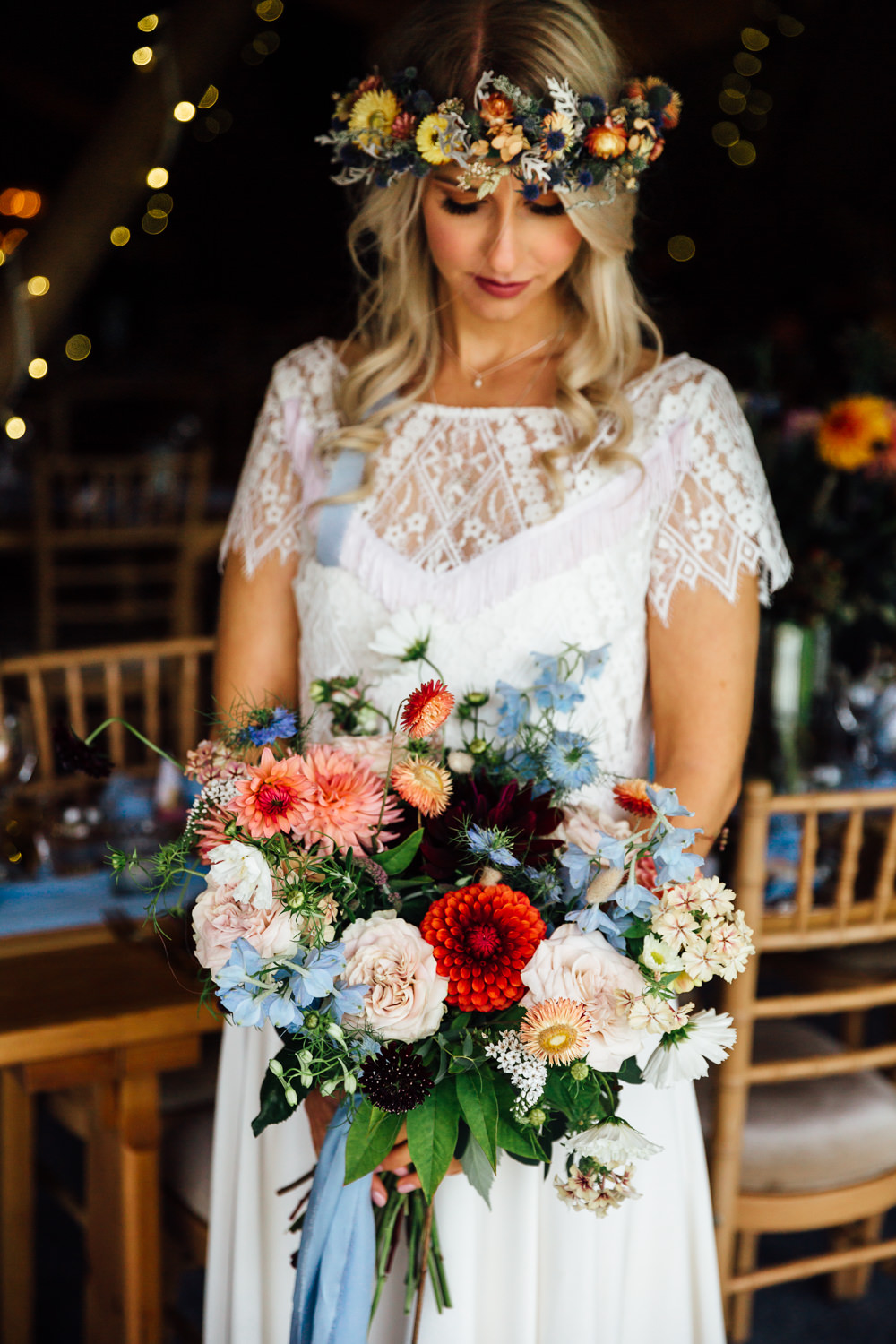 Bouquet Flowers Bride Bridal Dahlias Blue Ribbon Delphiniums Autumn Festival Wedding Ideas Indigo and Violet Photography