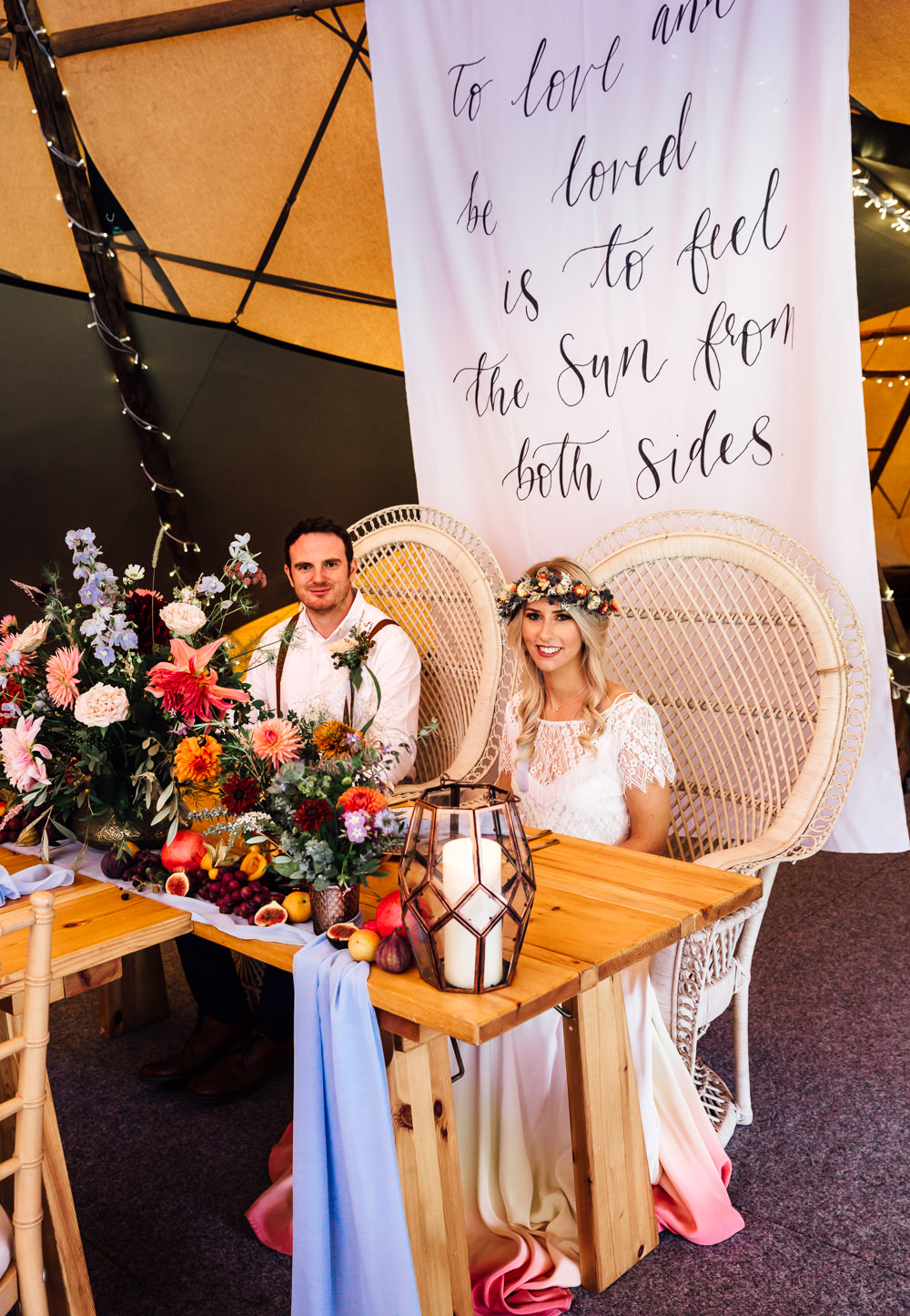 Peacock Chairs Banner Backdrop Sign Autumn Festival Wedding Ideas Indigo and Violet Photography