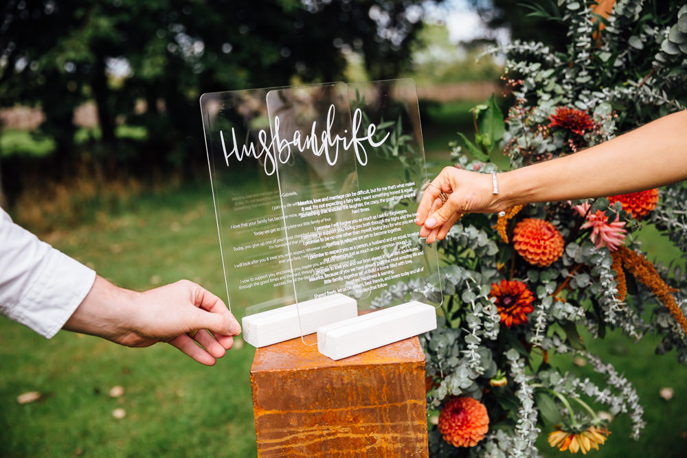Clear Perspex Acrylic Glass Calligraphy Vows Autumn Festival Wedding Ideas Indigo and Violet Photography