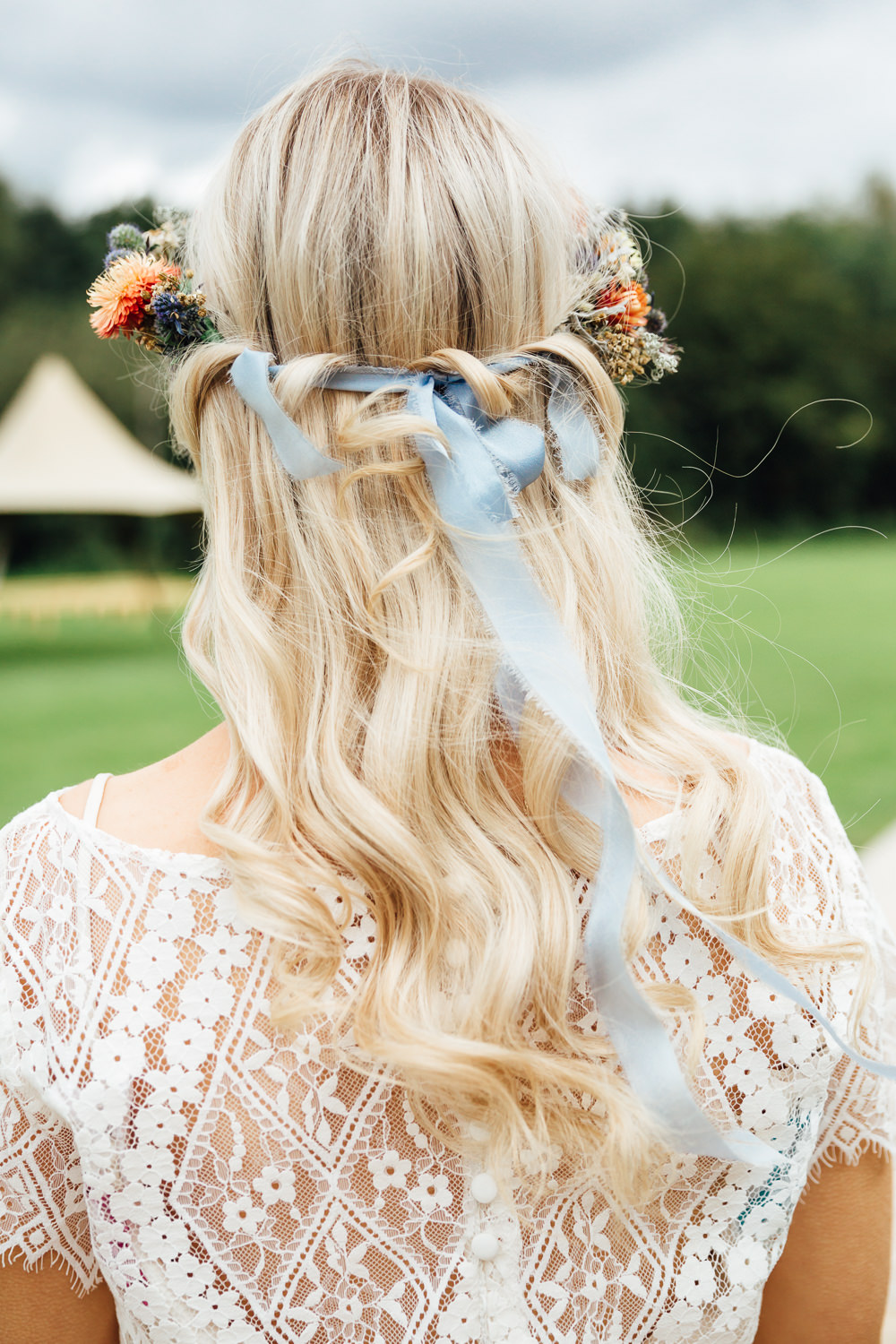 Hair Bride Bridal Flower Crown Half Up Half Down Headdress Autumn Festival Wedding Ideas Indigo and Violet Photography