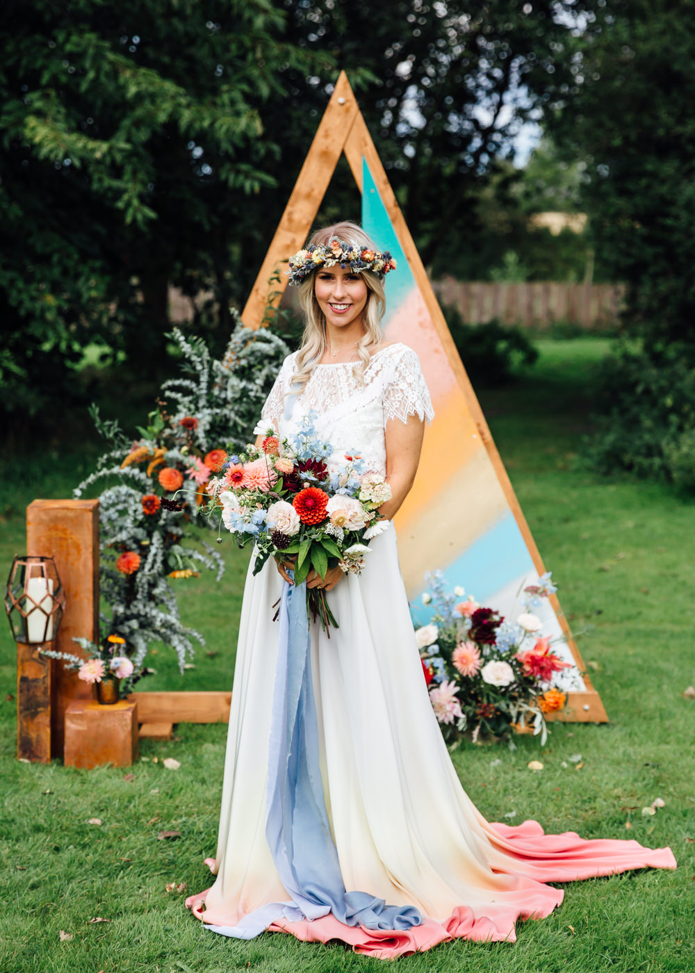 Dress Gown Bride Bridal Lucy Can’t Dance Lace Top Sleeves Watercolour Train Autumn Festival Wedding Ideas Indigo and Violet Photography
