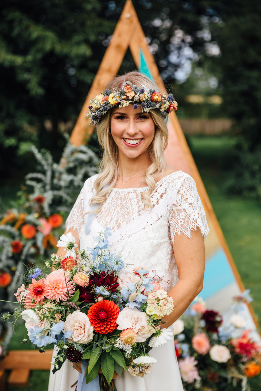 Bouquet Flowers Bride Bridal Dahlias Blue Ribbon Delphiniums Autumn Festival Wedding Ideas Indigo and Violet Photography