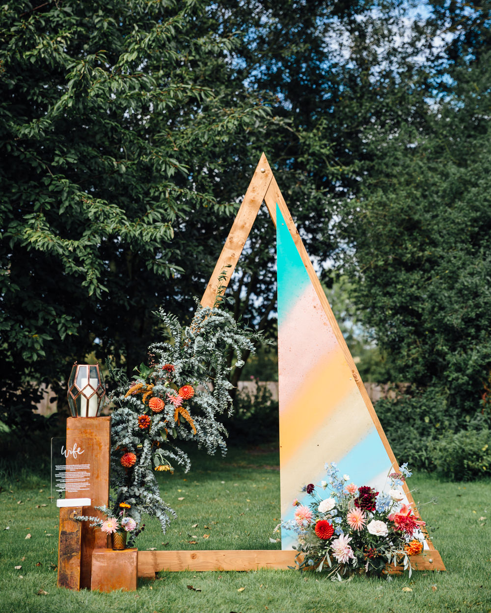 Triangle Wooden Painted Backdrop Decor Flowers Autumn Festival Wedding Ideas Indigo and Violet Photography