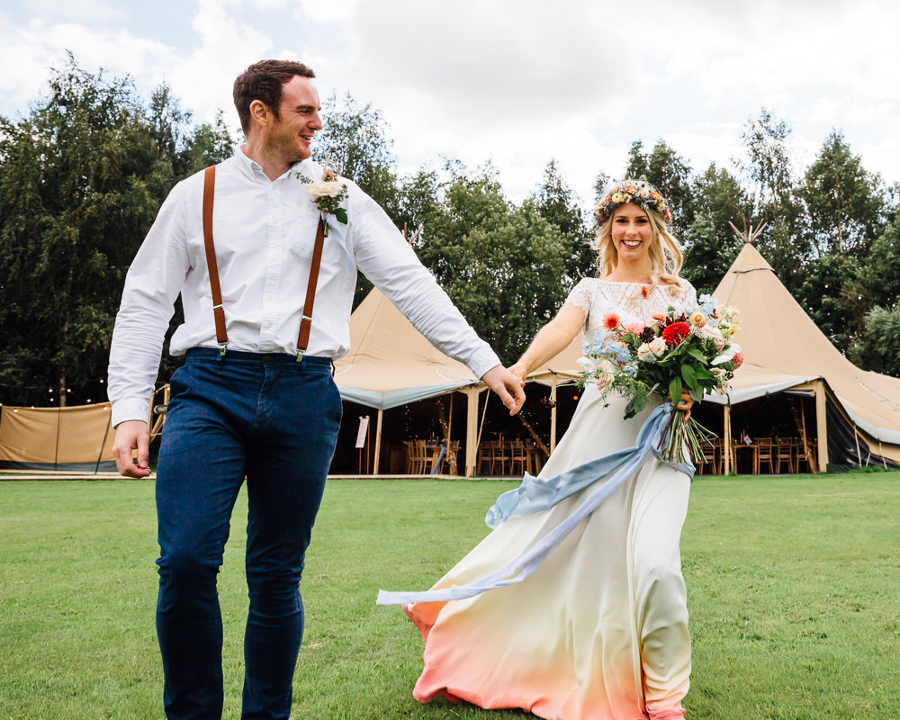 Dress Gown Bride Bridal Lucy Can’t Dance Lace Top Sleeves Watercolour Train Autumn Festival Wedding Ideas Indigo and Violet Photography