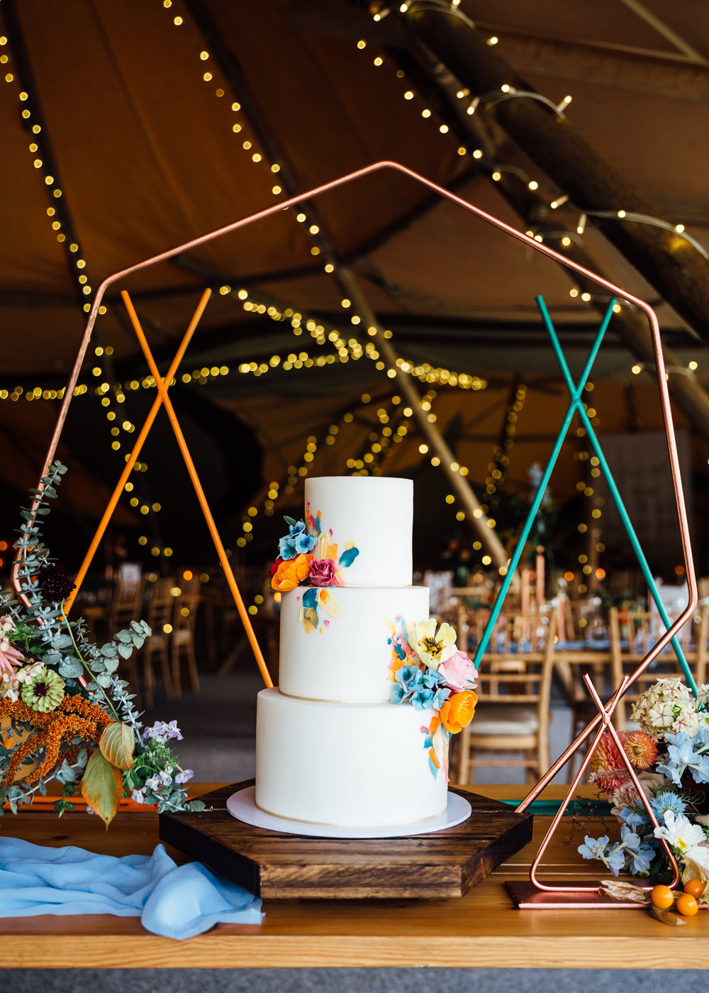 Cake Table Hexagon Wire Backdrop Autumn Festival Wedding Ideas Indigo and Violet Photography