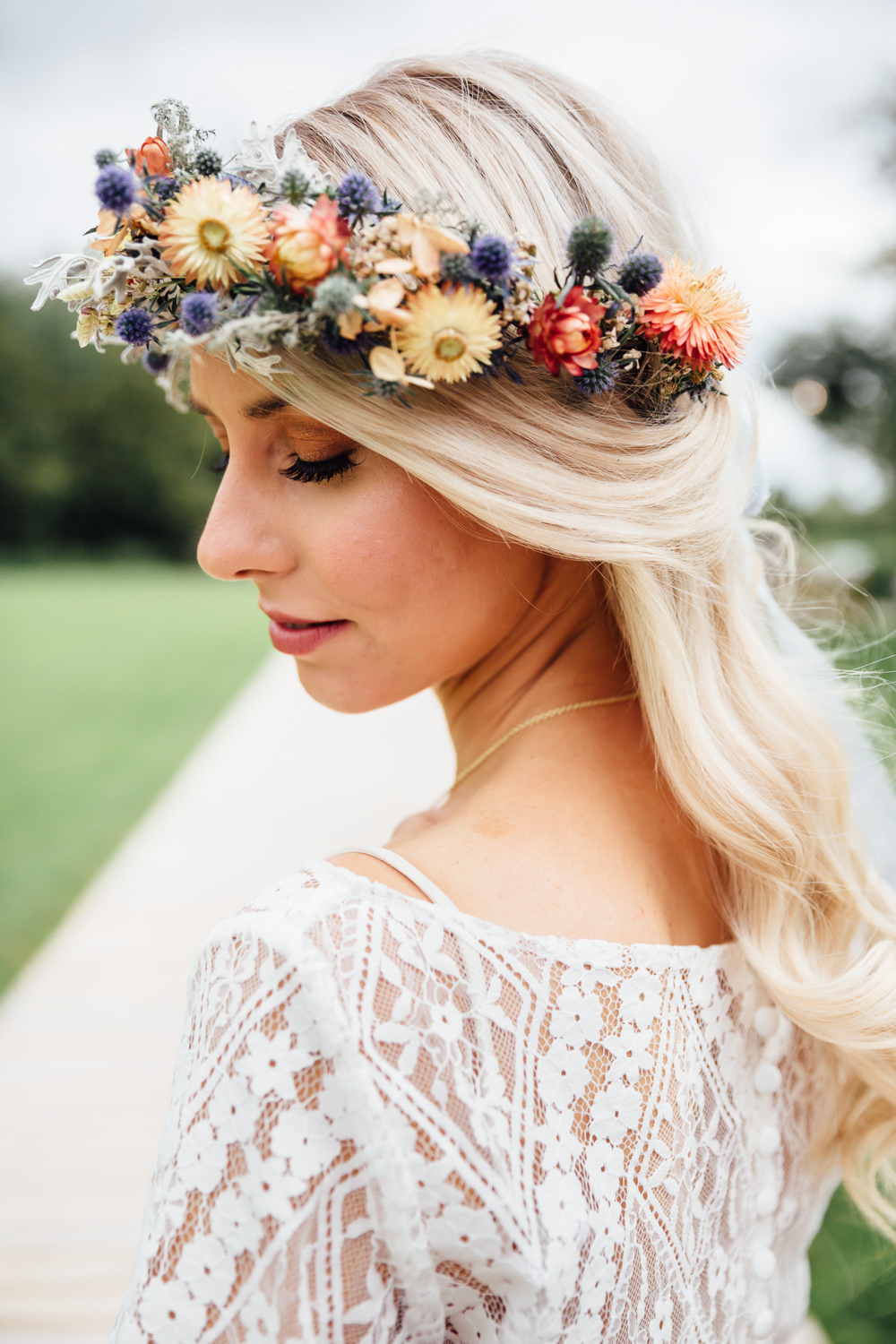 Hair Bride Bridal Flower Crown Half Up Half Down Headdress Autumn Festival Wedding Ideas Indigo and Violet Photography