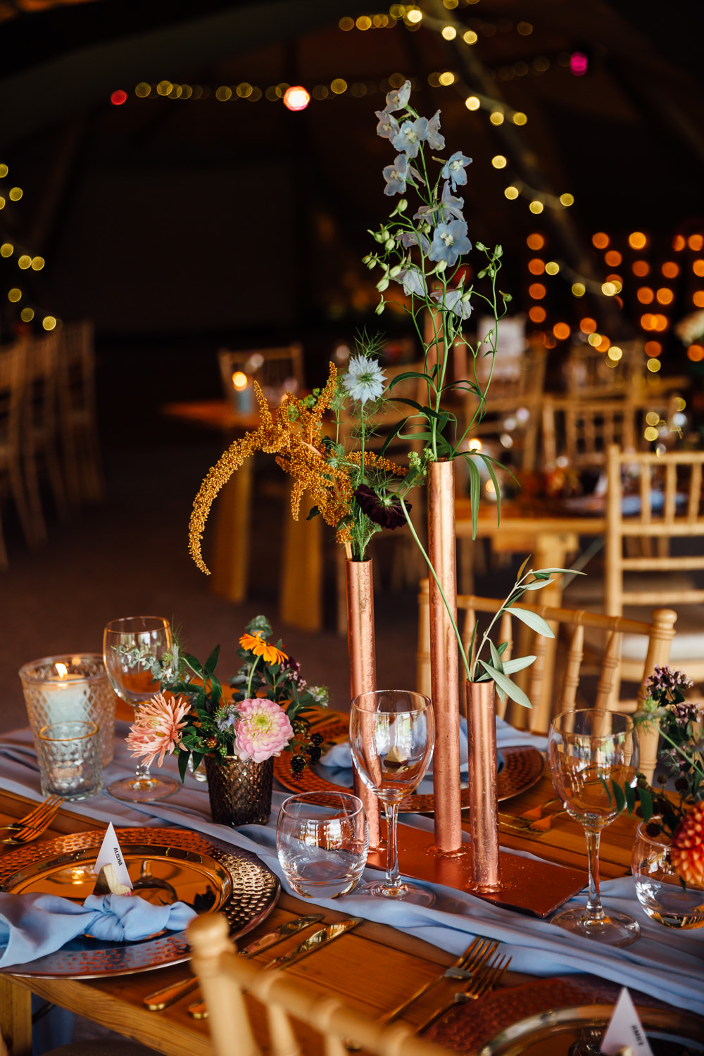 Copper Pipe Flowers Centrepice Decor Decoration Autumn Festival Wedding Ideas Indigo and Violet Photography