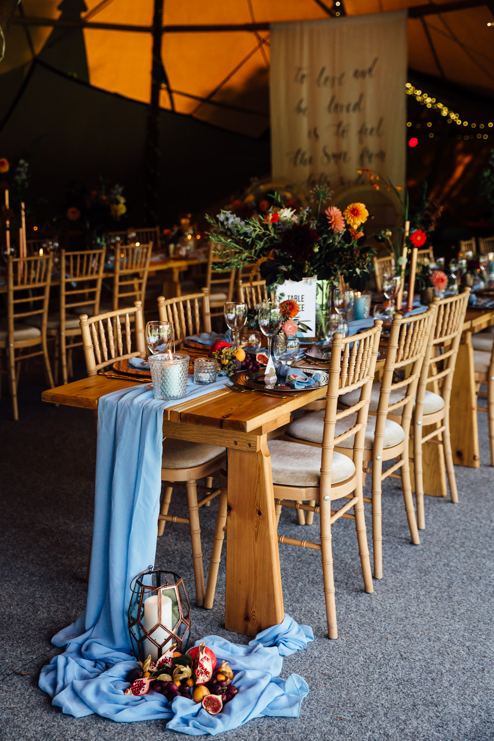Tipi Decor Table Tablescape Flowers Candles Decor Decoration Silk Runner Autumn Festival Wedding Ideas Indigo and Violet Photography