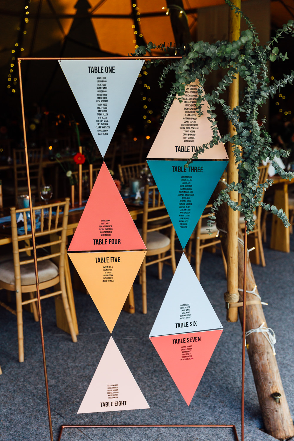 Triangle Geometric Stationery Copper Pipe Frame Seating Chart Table Plan Greenery Autumn Festival Wedding Ideas Indigo and Violet Photography