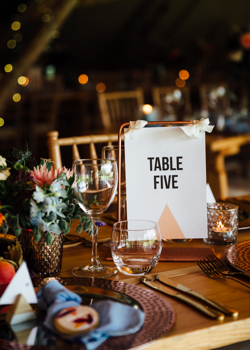Triangle Geometric Stationery Table Name Copper Pipe Autumn Festival Wedding Ideas Indigo and Violet Photography