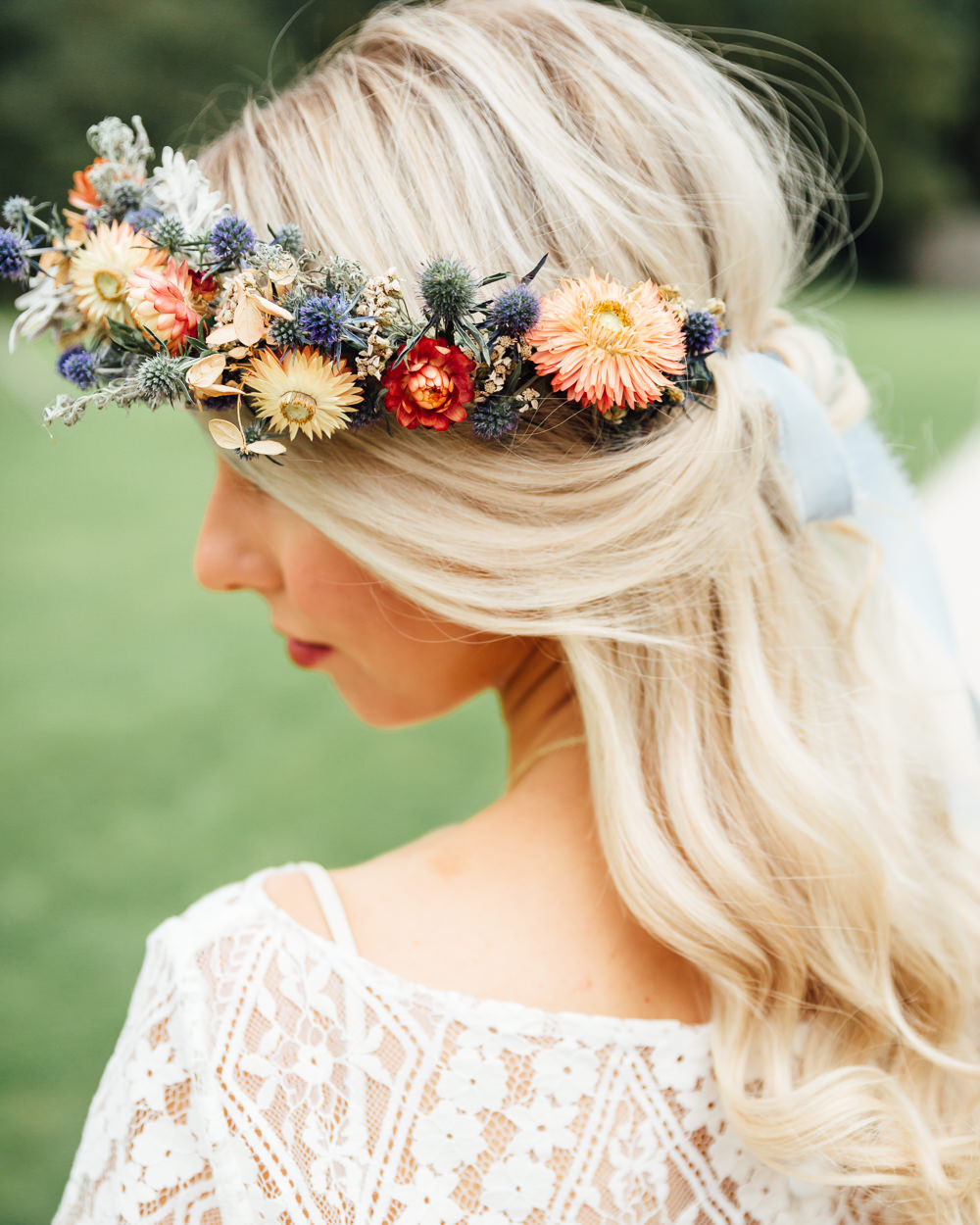 Hair Bride Bridal Flower Crown Half Up Half Down Headdress Autumn Festival Wedding Ideas Indigo and Violet Photography