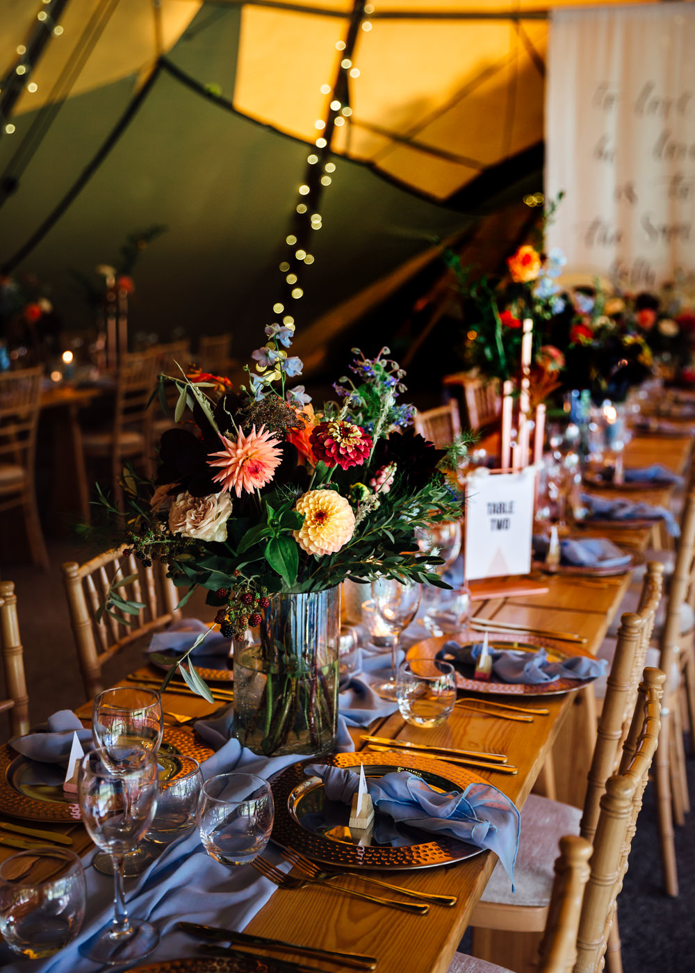 Table Flowers Centrepiece Pink Red Dahlias Blue Ribbon Delphiniums Autumn Festival Wedding Ideas Indigo and Violet Photography