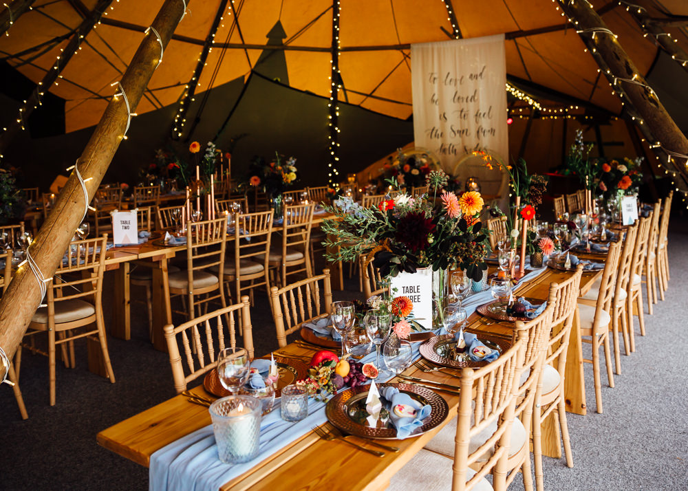 Tipi Decor Table Tablescape Flowers Candles Decor Decoration Silk Runner Autumn Festival Wedding Ideas Indigo and Violet Photography