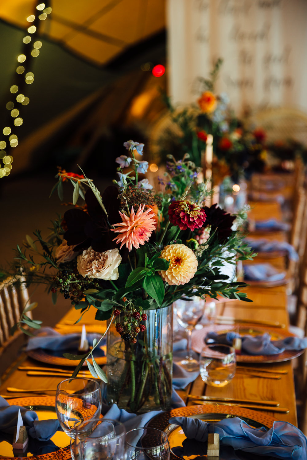 Table Flowers Centrepiece Pink Red Dahlias Blue Ribbon Delphiniums Autumn Festival Wedding Ideas Indigo and Violet Photography