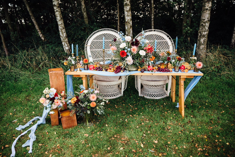 Peacock Chairs Decor Table Tablescape Flowers Candles Decoration Autumn Festival Wedding Ideas Indigo and Violet Photography