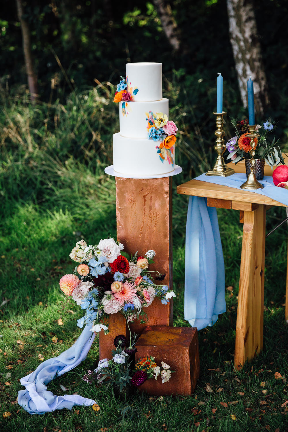 Cake Table Wooden Plinth Autumn Festival Wedding Ideas Indigo and Violet Photography