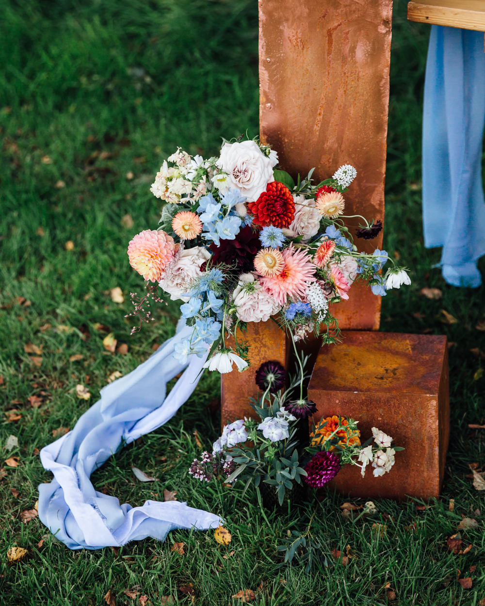 Bouquet Flowers Bride Bridal Dahlias Blue Ribbon Delphiniums Autumn Festival Wedding Ideas Indigo and Violet Photography