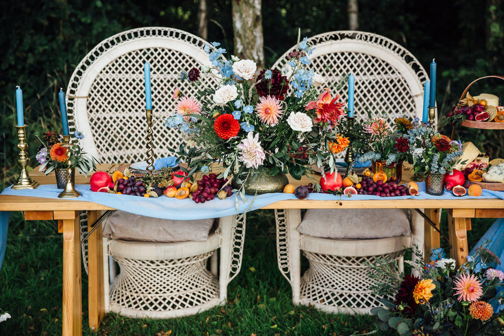 Table Flowers Centrepiece Pink Red Dahlias Blue Ribbon Delphiniums Autumn Festival Wedding Ideas Indigo and Violet Photography
