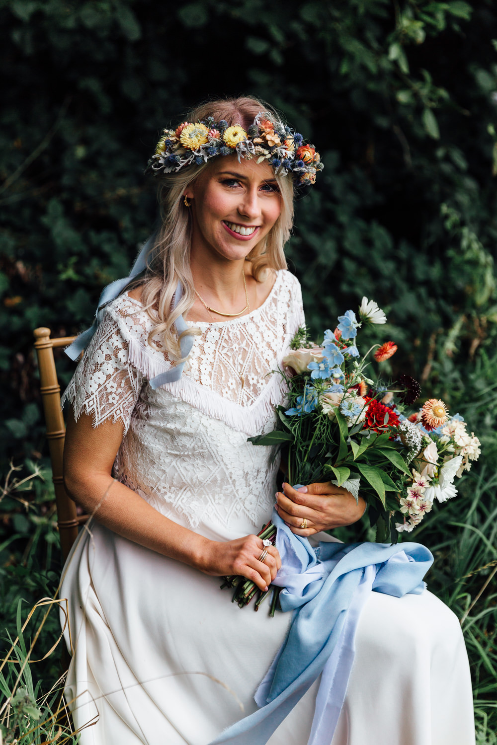 Dress Gown Bride Bridal Lucy Can’t Dance Lace Top Sleeves Autumn Festival Wedding Ideas Indigo and Violet Photography
