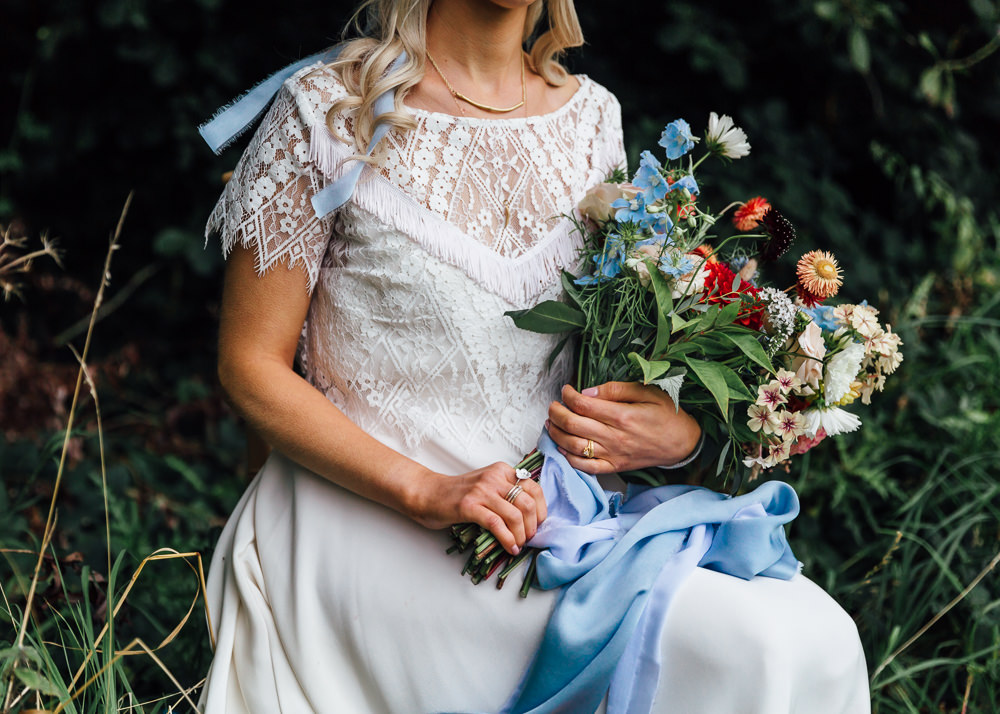 Bouquet Flowers Bride Bridal Dahlias Blue Ribbon Delphiniums Autumn Festival Wedding Ideas Indigo and Violet Photography