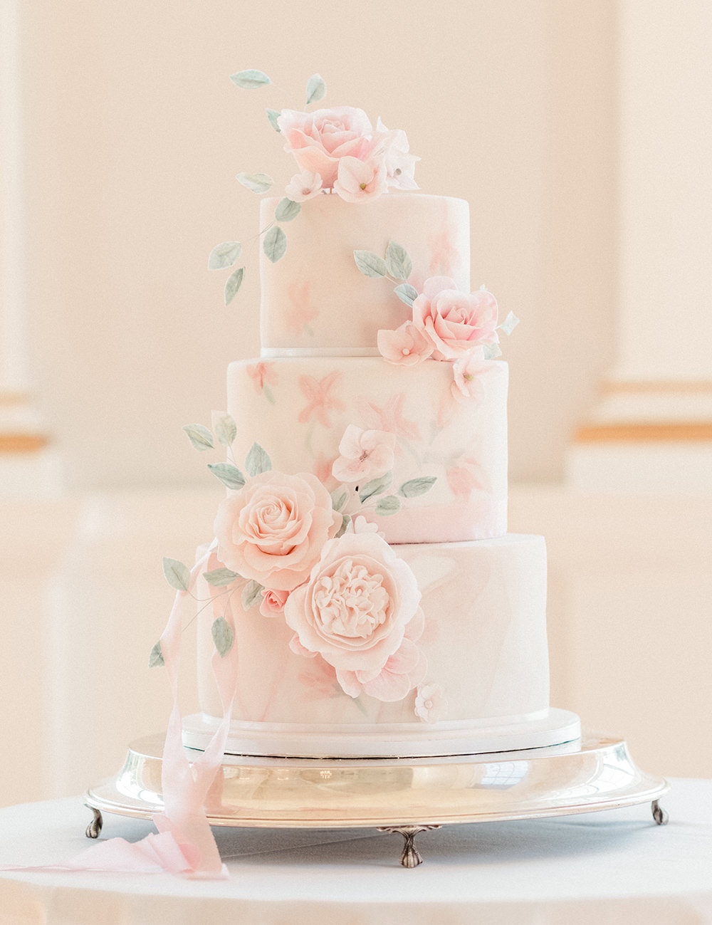 Iced Cake Sugar Flowers Pink Greenery Beamish Hall Wedding Carn Patrick Photography
