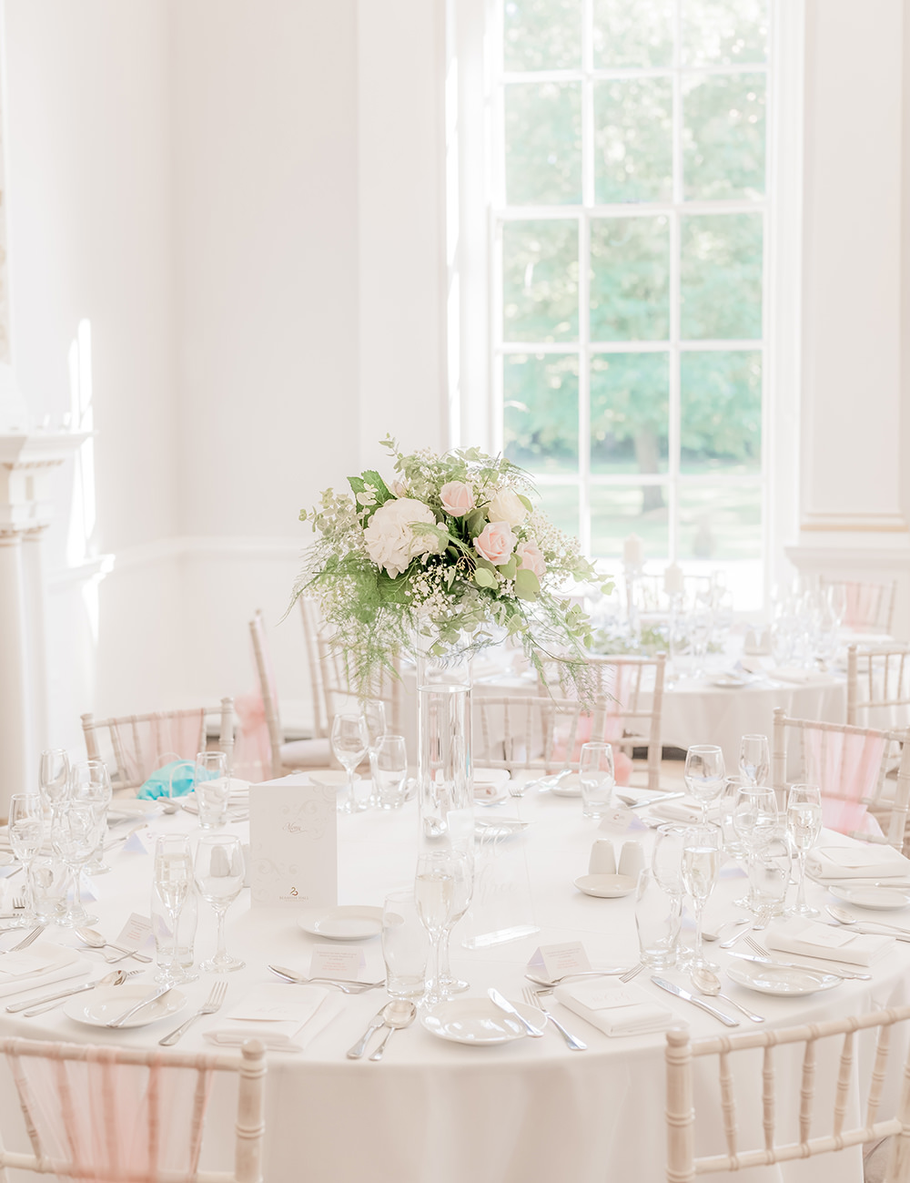 Tall Centrepiece Flowers Pink Greenery Beamish Hall Wedding Carn Patrick Photography