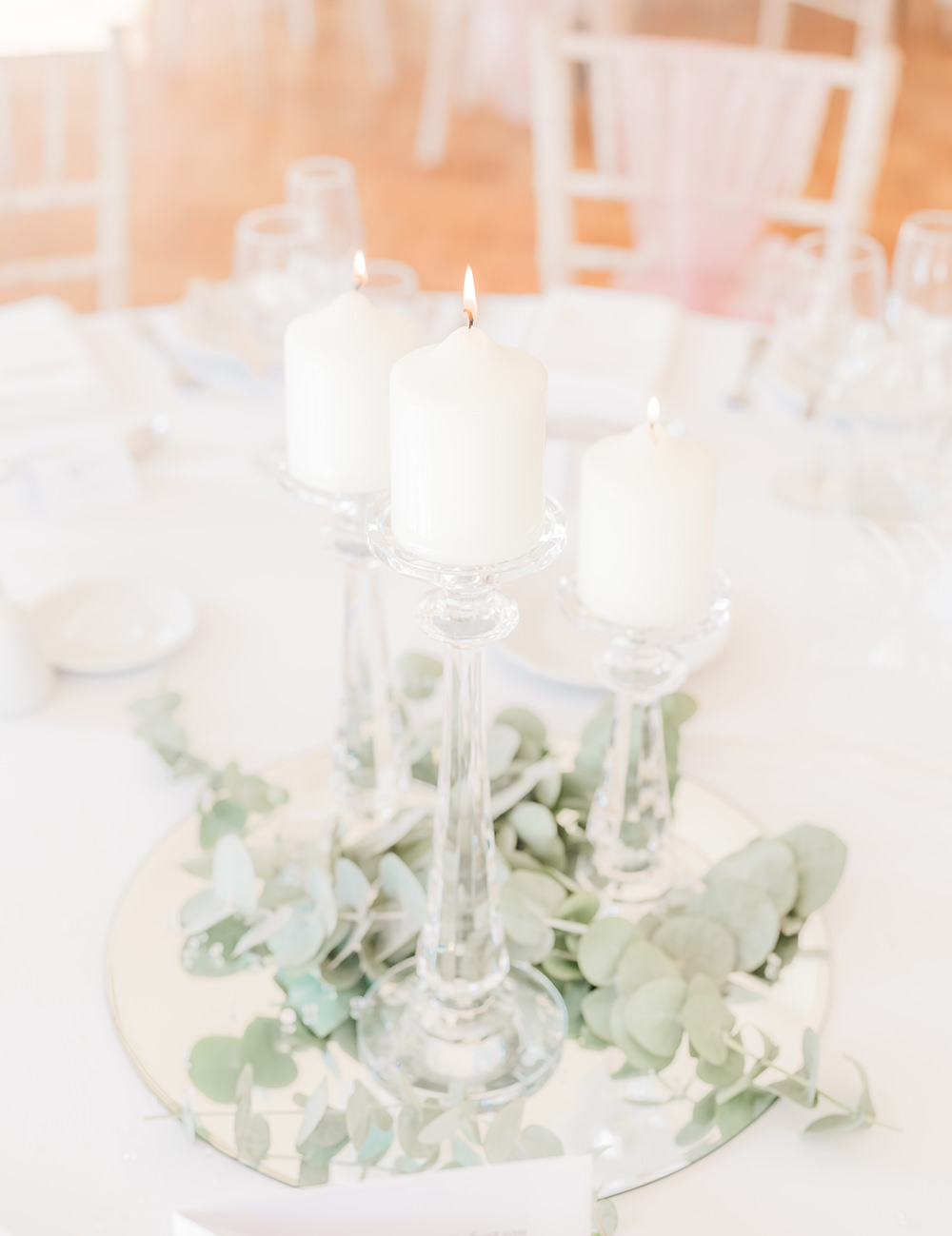 Centrepiece Candles Foliage Greenery Mirror Beamish Hall Wedding Carn Patrick Photography