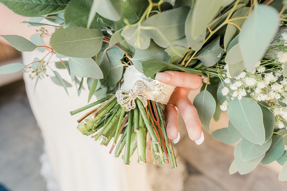 Bouquet Flowers Bride Bridal Pink Rose White Hydrangea Eucalyptus Brooch Beamish Hall Wedding Carn Patrick Photography
