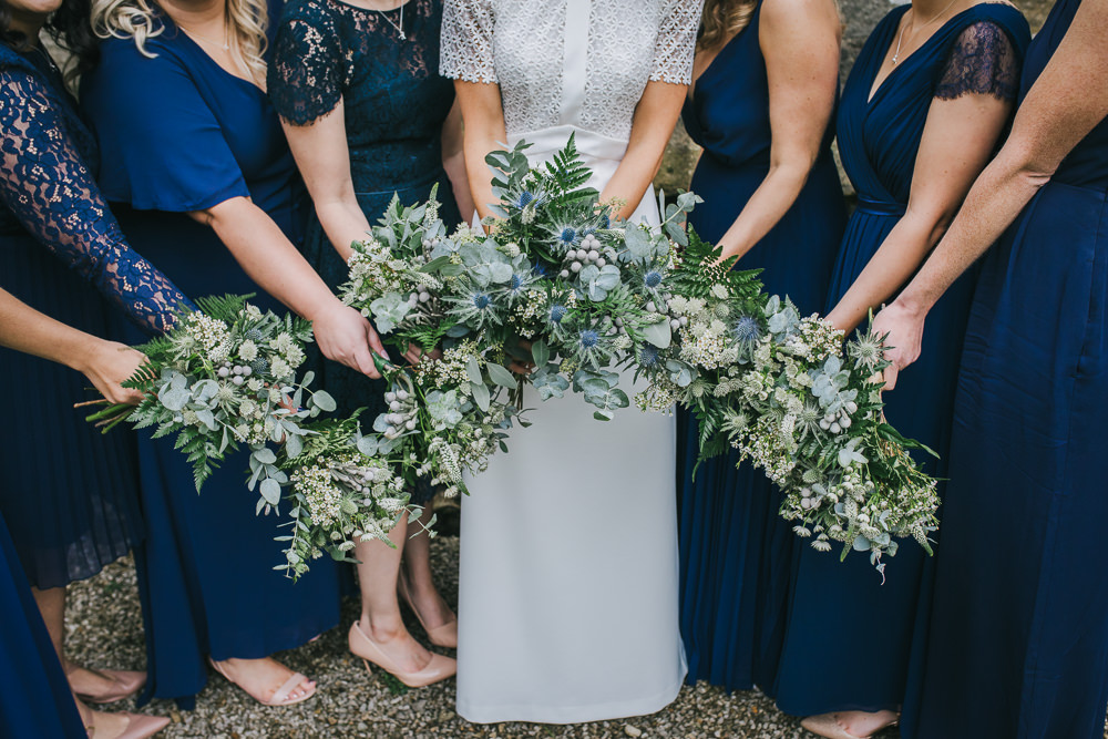 Bouquet Flowers Bride Bridal Greenery Thistle Eucalyptus Bridesmaids Cosy Autumn Wedding Amy Jordison Photography