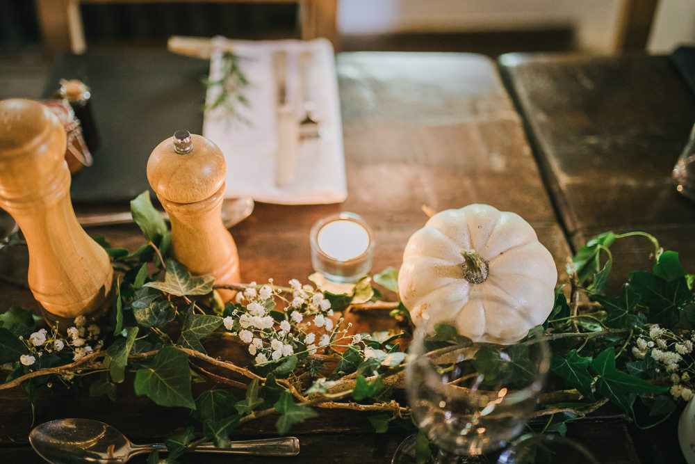 Table Decor Pumpkins Greenery Foliage Runner Swag Candles Cosy Autumn Wedding Amy Jordison Photography