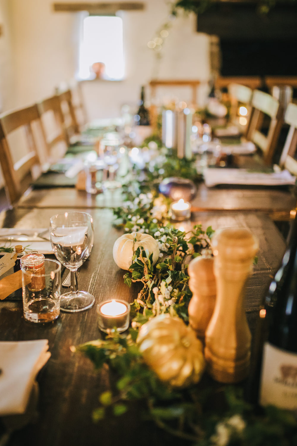 Table Decor Pumpkins Greenery Foliage Runner Swag Candles Cosy Autumn Wedding Amy Jordison Photography