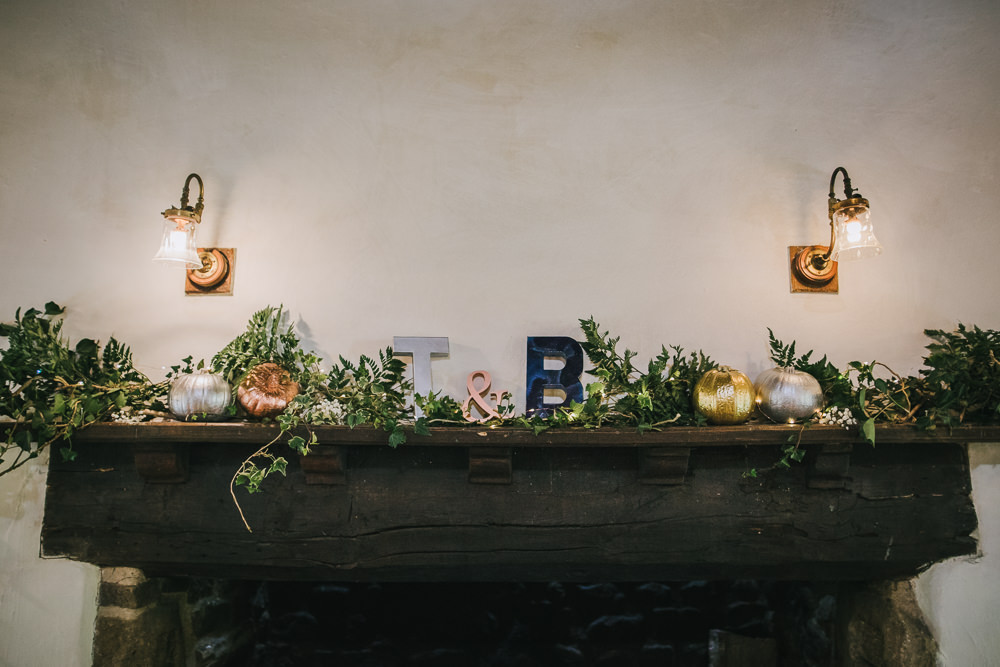 Mantle Piece Fireplace Pumpkins Candles Greenery Cosy Autumn Wedding Amy Jordison Photography
